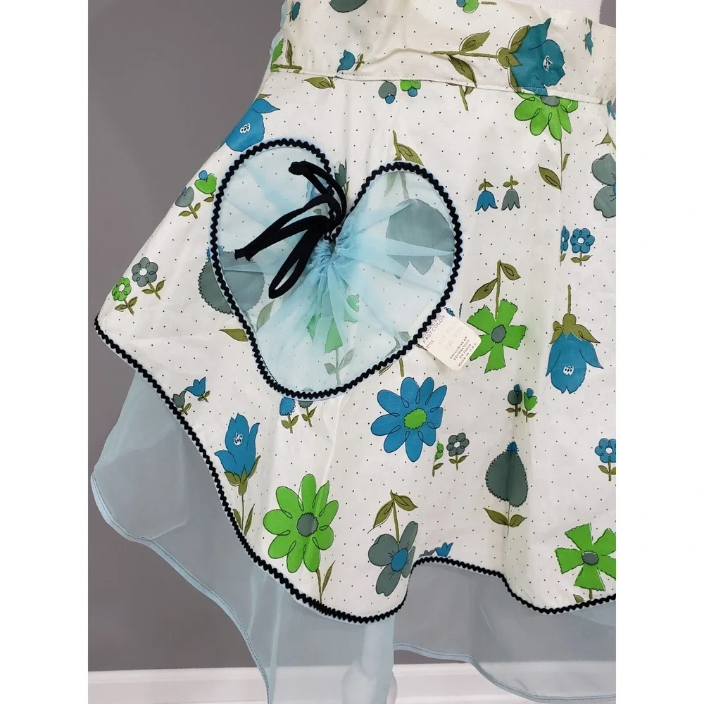 Vintage 1950s Blue Floral Hostess Apron Sheer Organza Overlay Bow Waist Retro